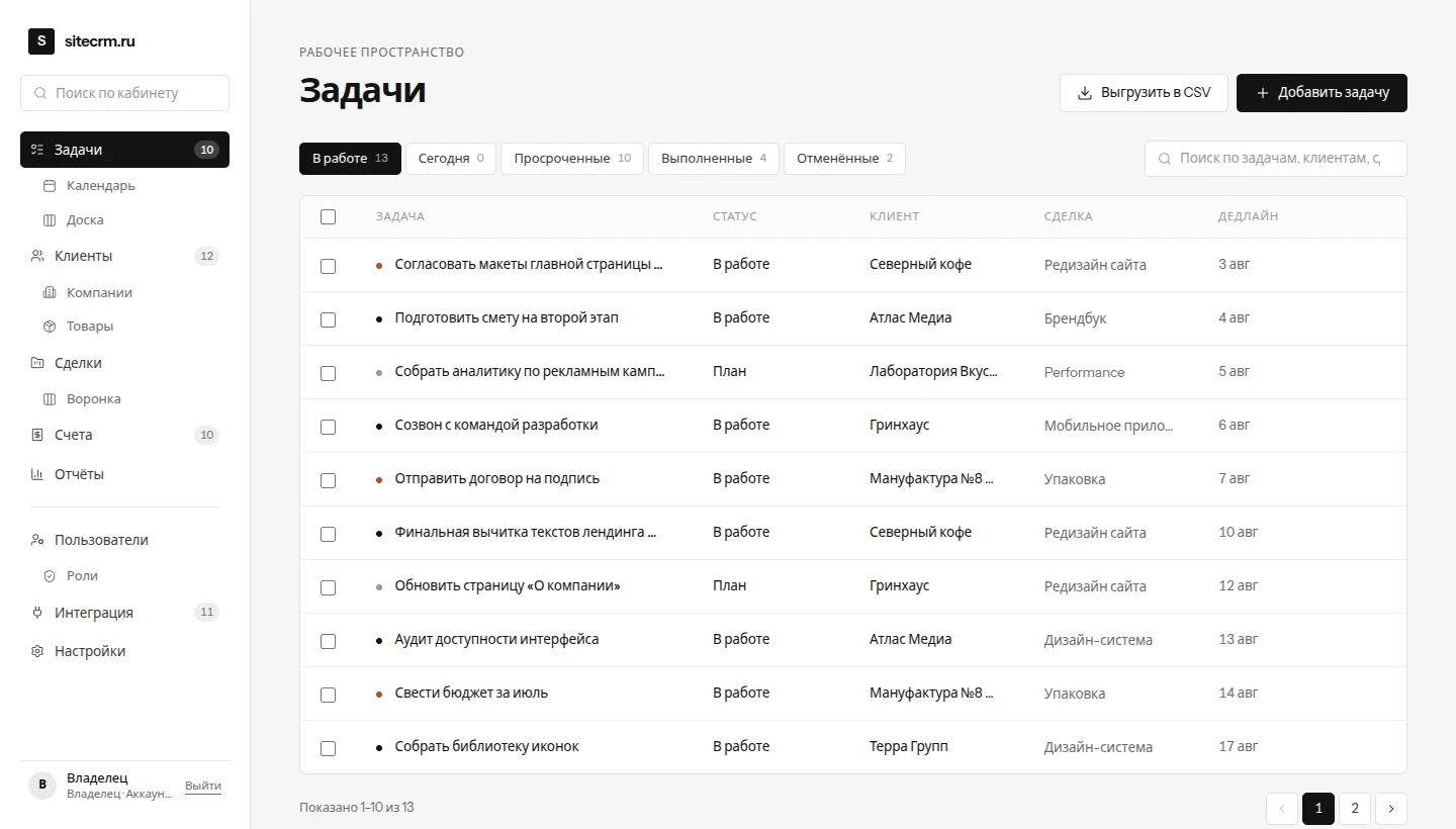 Список задач в кабинете SiteCRM